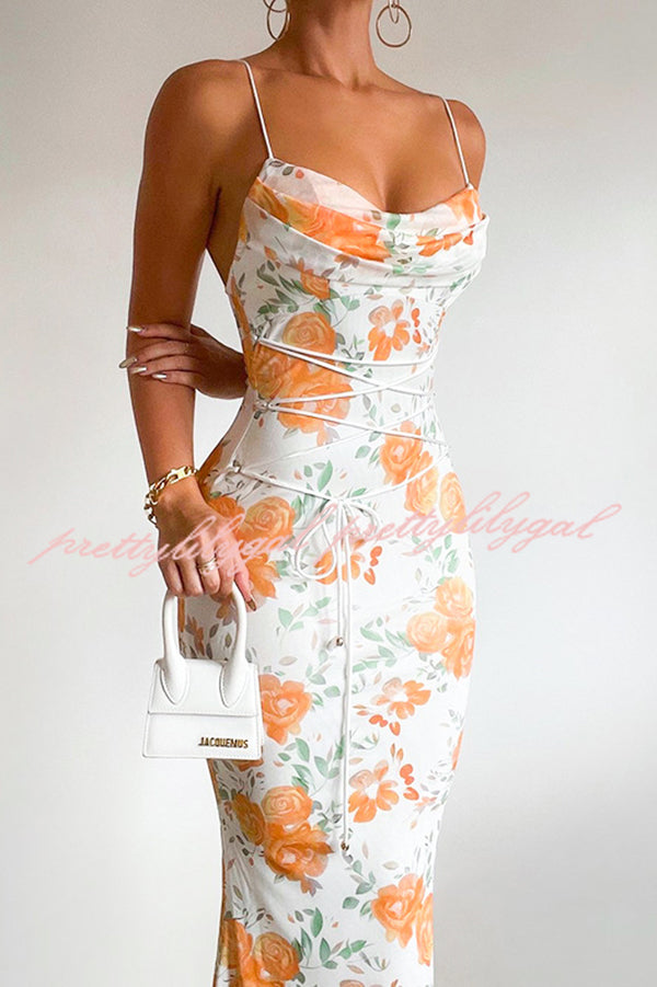 Floral Print Sexy Halter Back Slim Fit Lace Up Midi Dress