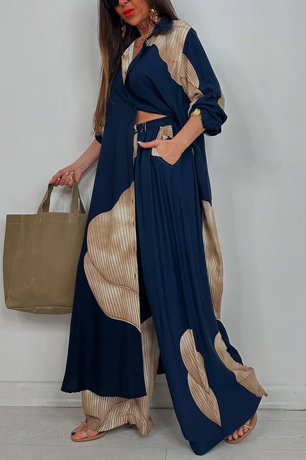 Unique Printed Casual Loose Long Shirt and Elastic Waist Pocket Wide Leg Pants Set