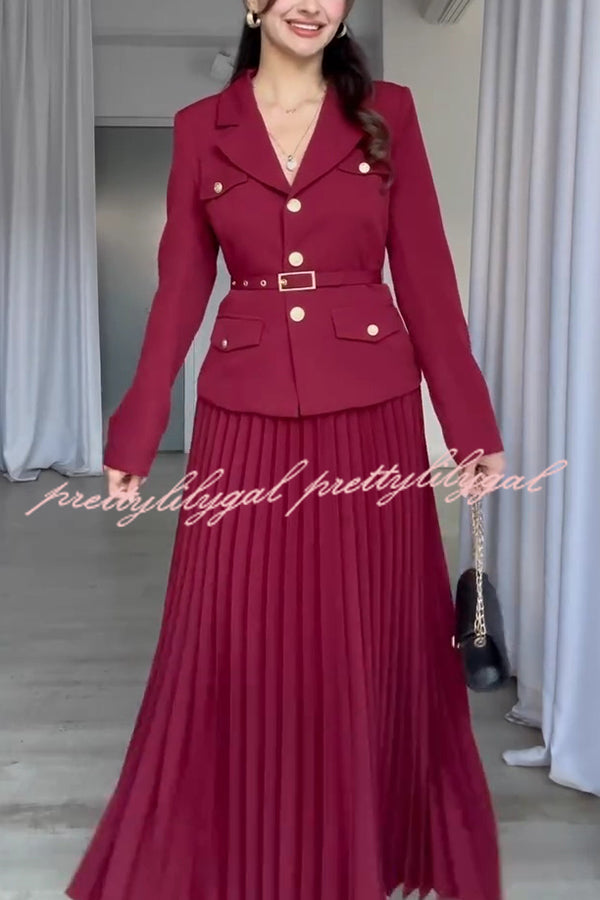 Solid Color Lapel Button Belt Blazer and Pleated Casual Maxi Skirt Set