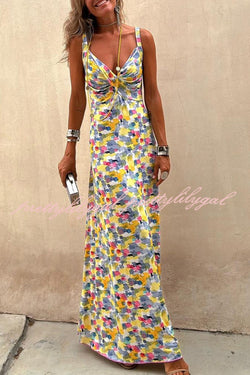 Flora Watercolor Print Crossover Neck Wide Straps Stretch Maxi Dress