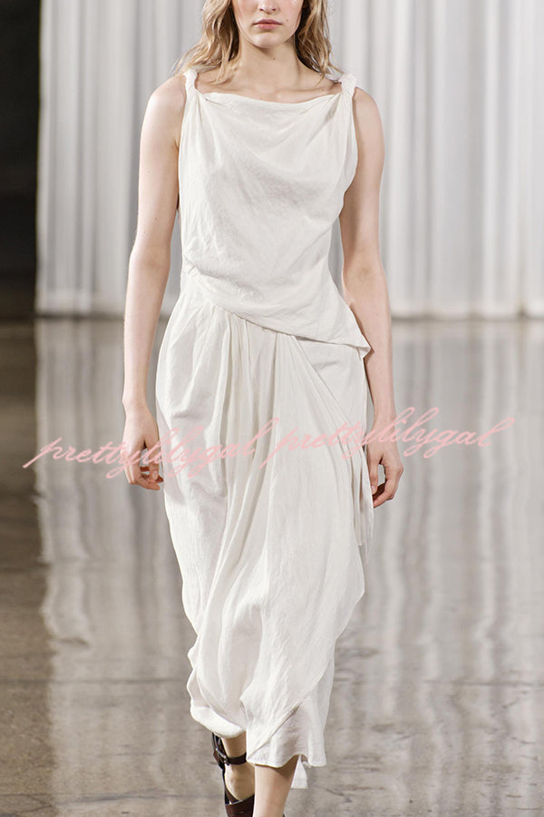 Sculptural Effect Linen Blend Twisted Shoulder Strap Drape Maxi Dress