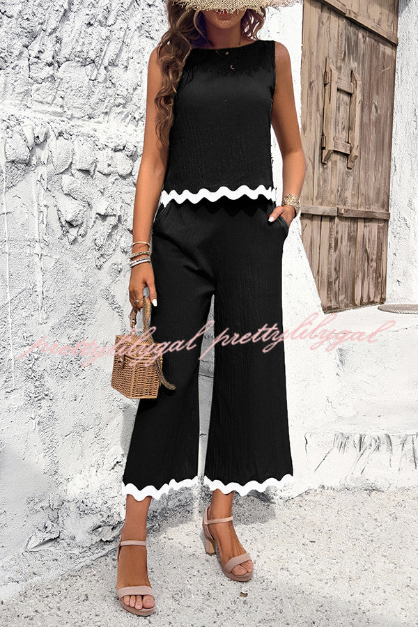 Wave Trimmed Round Neck Buttoned Elastic Waist Pants Suit