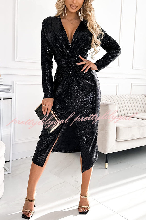 Coralia Sequin V-neck Long Sleeve Twist Waist Front Slit Midi Dress