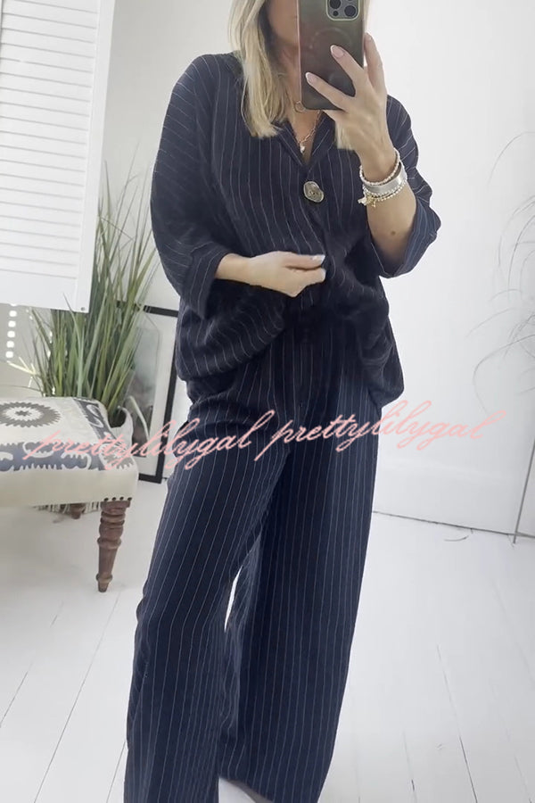 Fashion Striped Print Lapel Loose Top and Elastic Waist Casual Wide-leg Pants Set