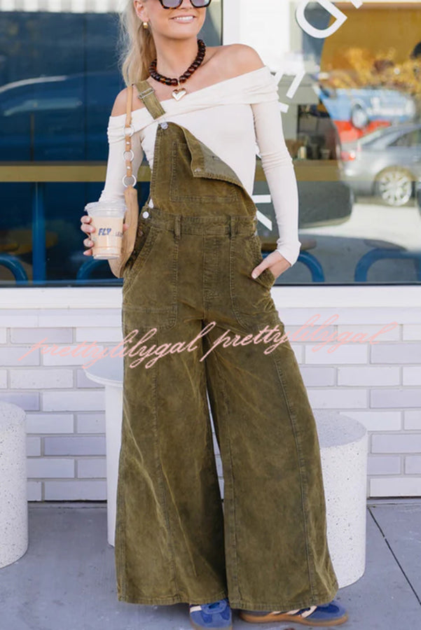 Falling Leaves Corduroy Metal Buckle Pocket Wide Leg Jumpsuit Overalls