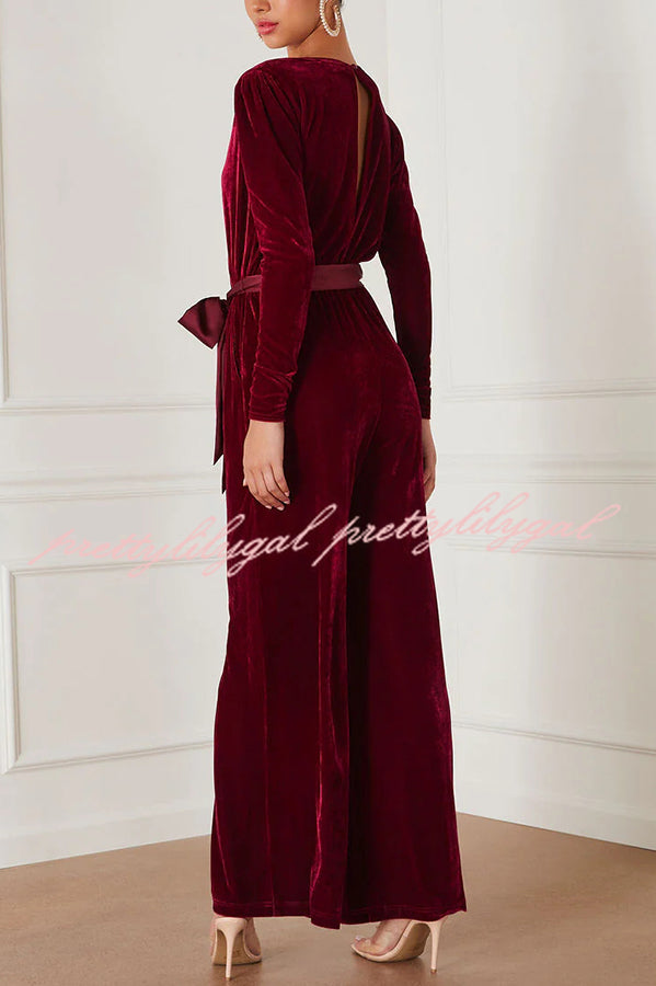 Love One Another Velvet Bow Belted Pocket Cutout Back Loose Jumpsuit