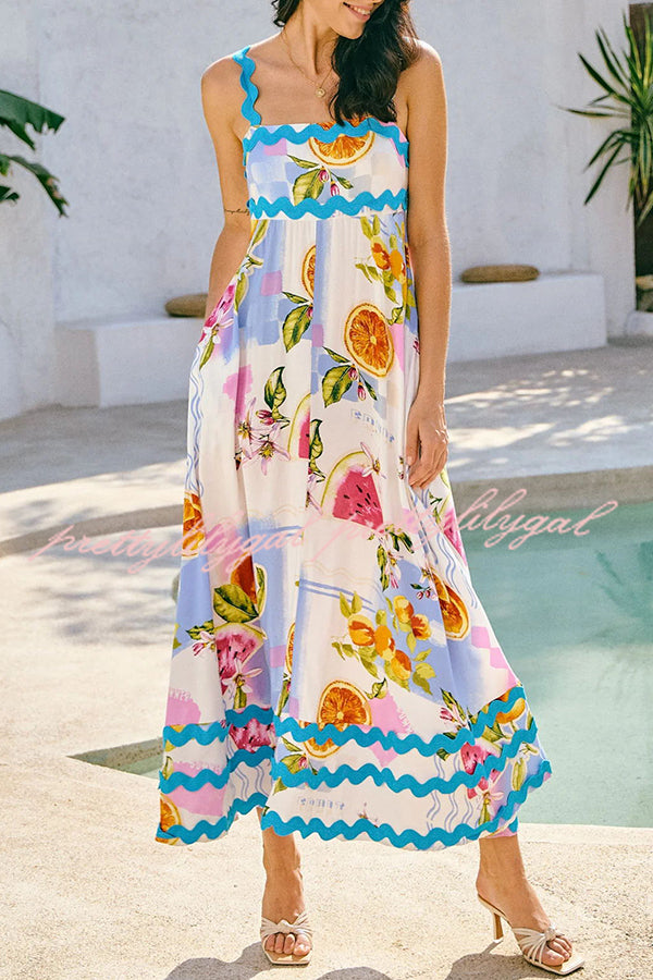 Vivi Fruit Floral Print Wave Pocket Maxi Dress