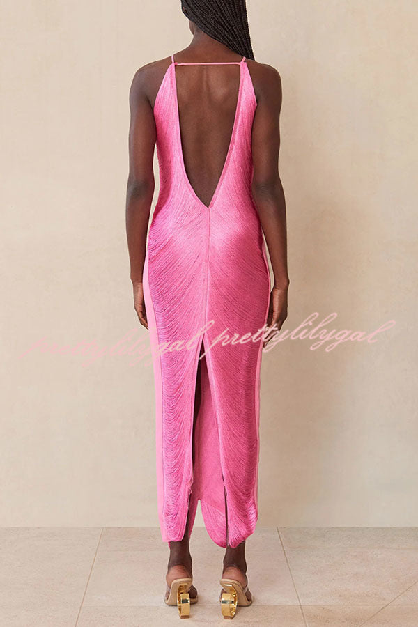 Sexy Allnight Metallic Halterneck Backless Fringed Slit Maxi Dress