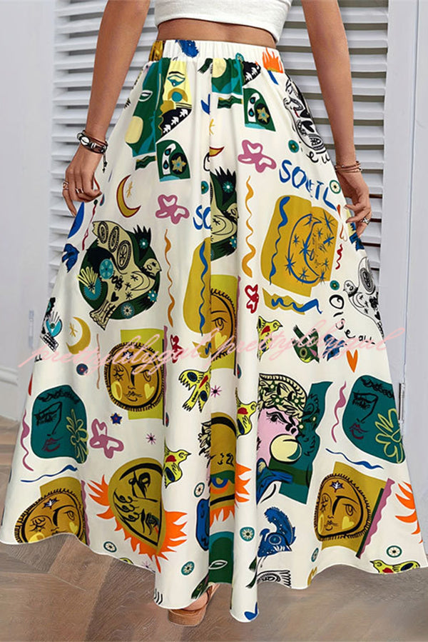 Unique Printed Elastic Waist and Large Hem Maxi Skirt