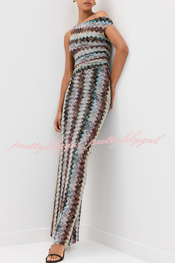 Cocktails and Vacation Knit Colorful Zigzag Pattern One Shoulder Slit Maxi Dress