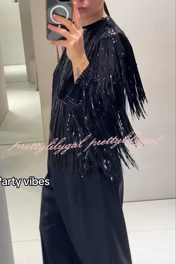 Party Crasher Layered Sequined Tassels Long Sleeve Loose Jacket