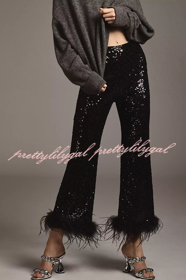 New Year Eve Sequin Feather Trim High Rise Back Zipper Flare Pants