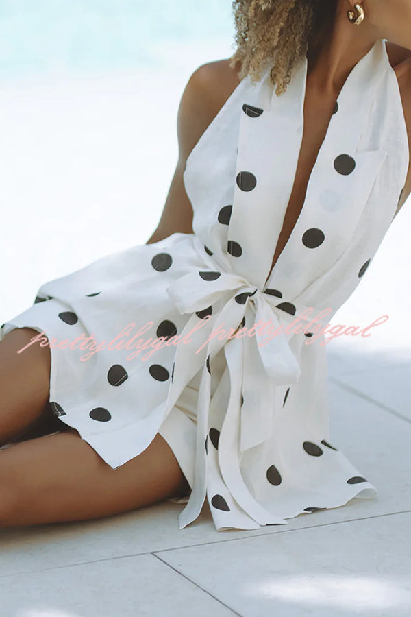 Gabby Linen Blend Polka Dot Tie-up Lapel Halter Vest and Metal Ring Belt Loose Shorts Set Gabby Linen Blend Polka Dot Tie-up Lapel Halter Vest and Metal Ring Belt Loose Shorts Set