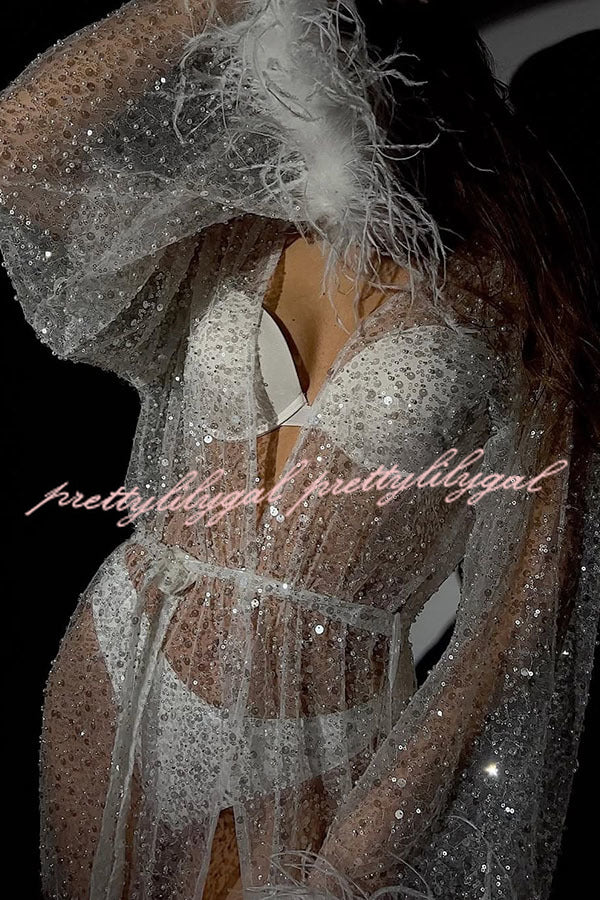 Fashionable Sequined Feather Long-sleeved Vacation Loose Extra-long Sun Protection Cover-up