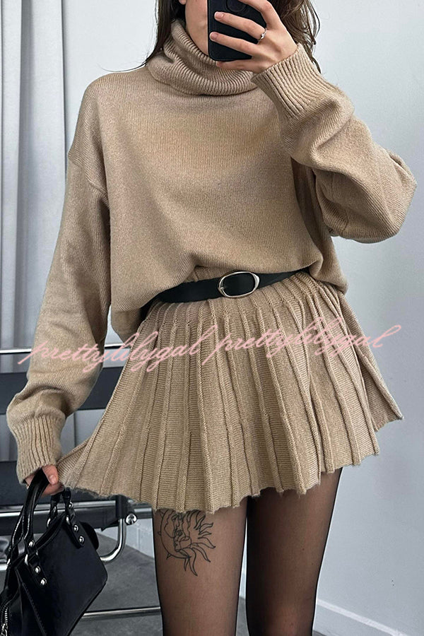 Solid Color Casual Preppy Knit Top and Knit Stretch Pleated Mini Skirt Set