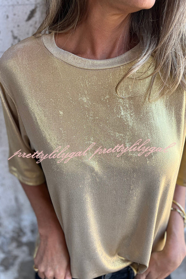 Metallic Solid Color Round Neck Short-sleeved Loose T-shirt