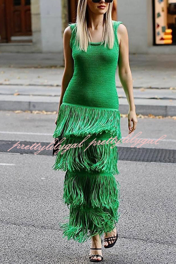 Solid Color Sleeveless Slim Fit Fringed Hem Knitted Midi Dress