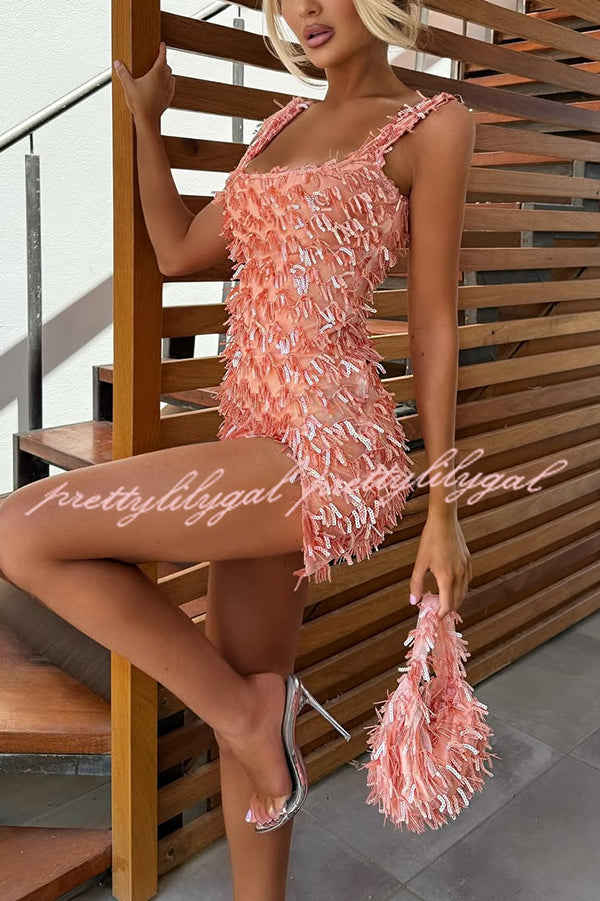 Sexy Square Neck Open Back Sequined Tassel Slim Mini Dress