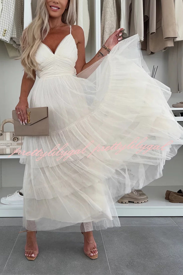 Romantic Movie Tulle Ruched Tiered Hem Slip Maxi Dress