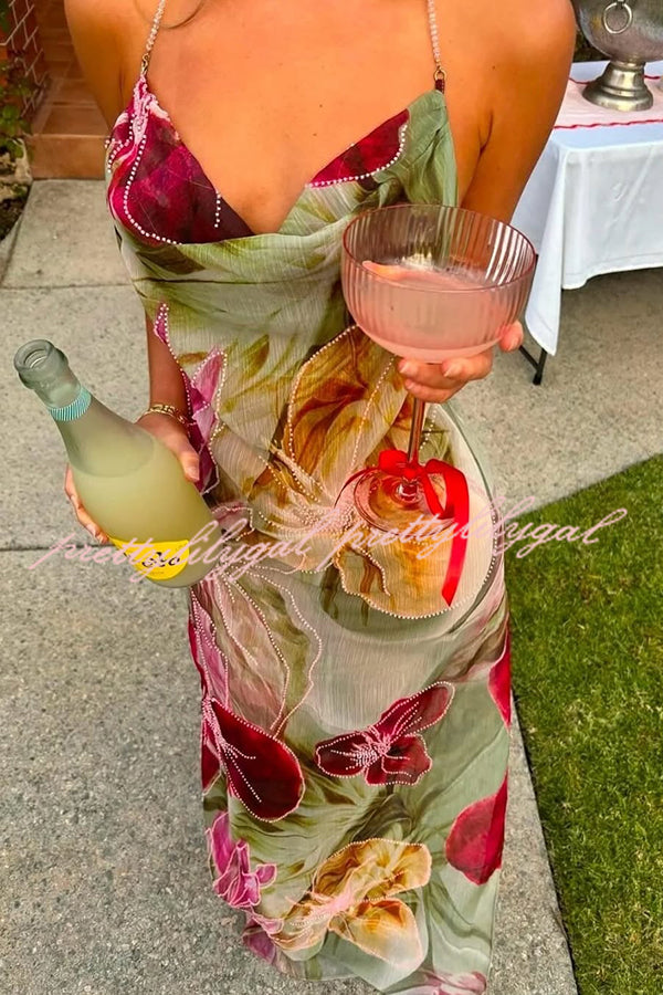 Floral Print Sexy Backless Slit See-Through Holiday Maxi Dress