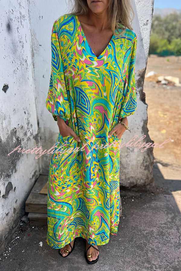 Unique Print V Neck Loose Pocket Holiday Maxi Dress