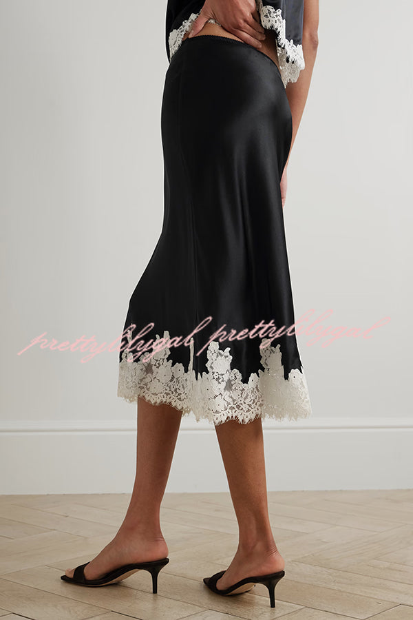 Celebration Look Contrast Color Satin Lace Trim Elastic Waist Drape Midi Skirt