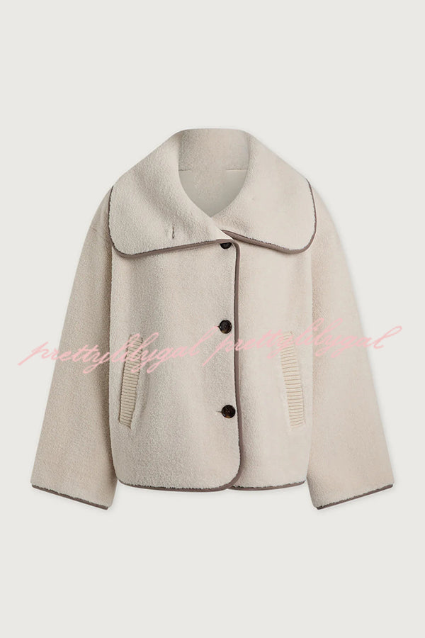 Romane Faux Fleece Fabric Contrast Trim Long Sleeve Knitted Pocket Lapel Loose Jacket