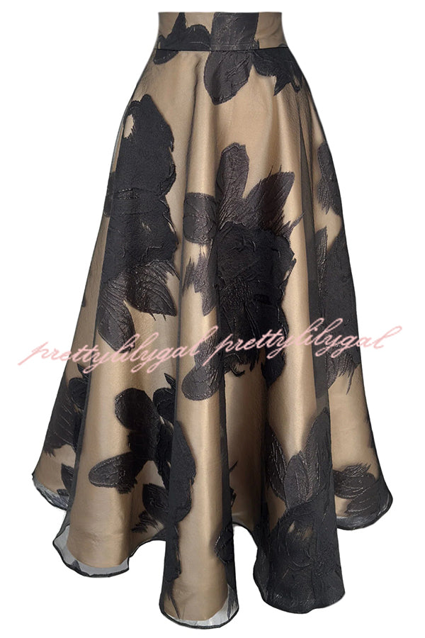 Chic Celebration Tulle Floral Pattern Jacquard High Rise Flared Maxi Skirt