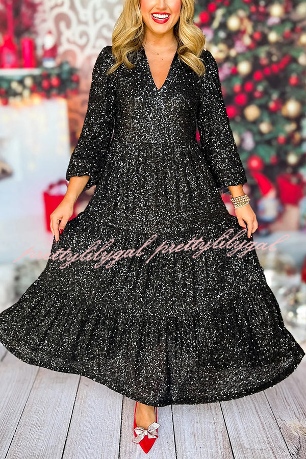 Christmas Elegant Sequin Long Sleeve V Neck Midi Dress