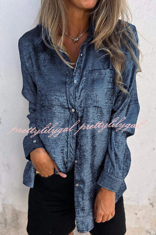 First and Fabulous Metallic Fabric Button Up Long Sleeve Loose Blouse