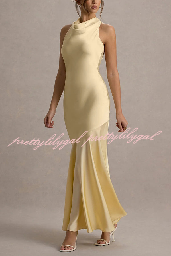 Timeless Sophistication Satin Cowl Detail Back Self-tie Halter Neck Maxi Dress
