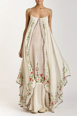 Botanical Print Suspenders Loose Full Hem Maxi Dress