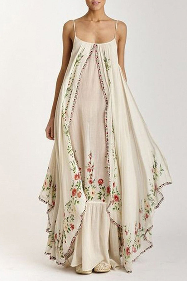Botanical Print Suspenders Loose Full Hem Maxi Dress