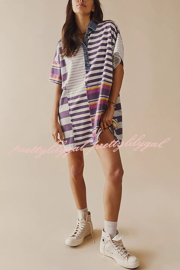 Contrast Striped Patchwork Denim Lapel Loose Casual Mini Dress