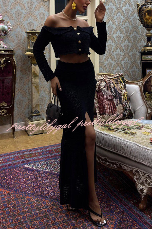 Fashion Knitted Off-the-shoulder Long-sleeved Top and Elastic Slit Maxi Skirt Set
