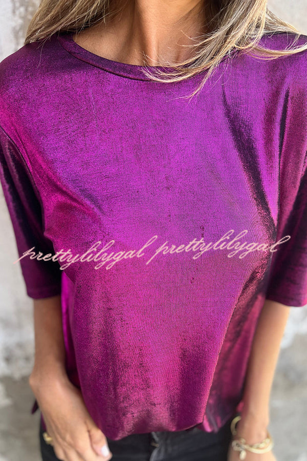 Metallic Solid Color Round Neck Short-sleeved Loose T-shirt