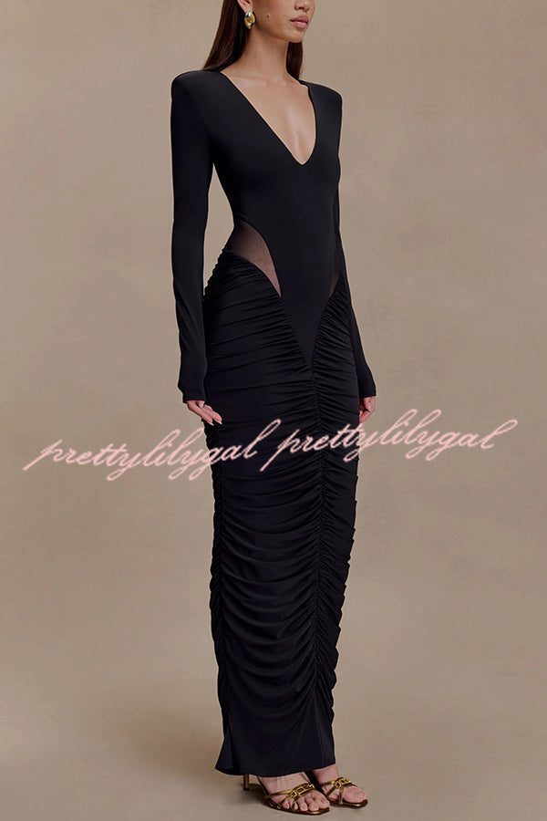 Sexy See-through Long-sleeved V-neck Pleated Slim-fit Maxi Dress