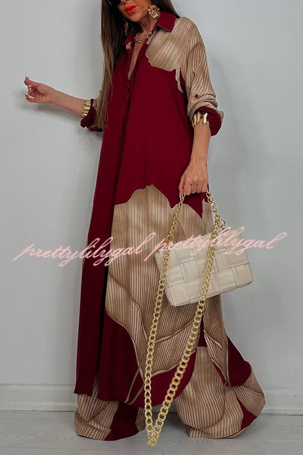 Unique Printed Casual Loose Long Shirt and Elastic Waist Pocket Wide Leg Pants Set
