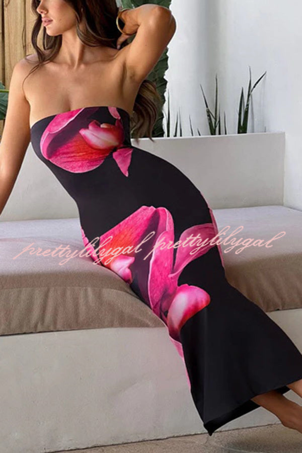 Emmaline Abstract Floral Print Bandeau Stretch Maxi Dress