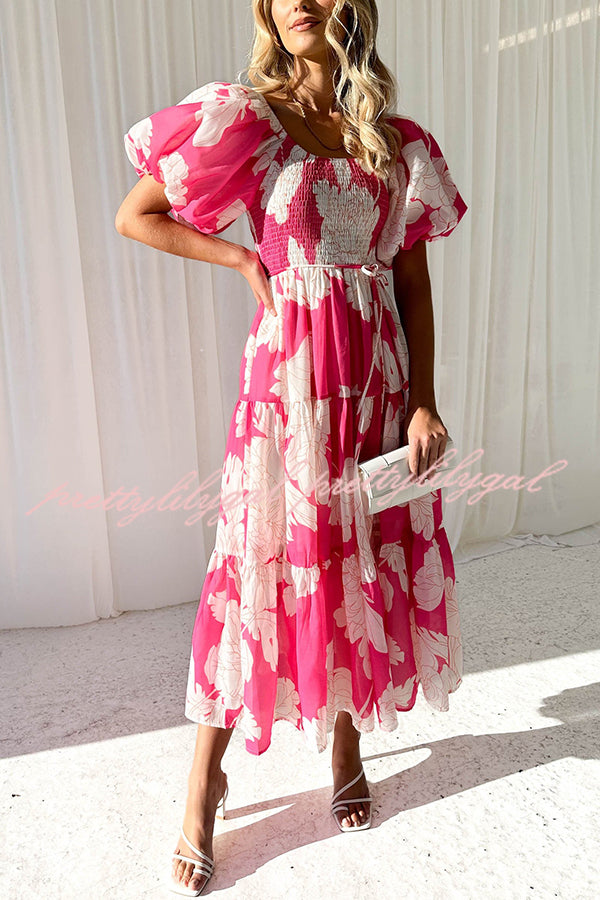 Unique Floral Print Patchwork Lace Up Pleated Maxi Dress