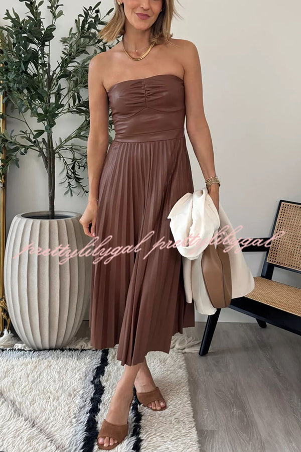 My Juliet Faux Leather Off Shoulder Strapless Pleated Stretch Midi Dress