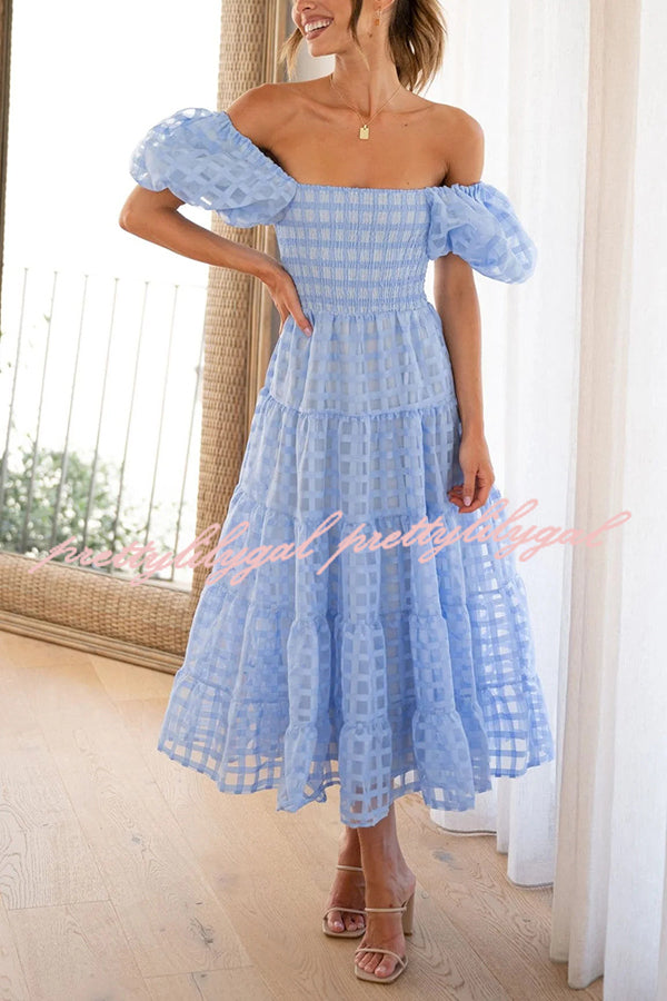 Solid Color Off-shoulder Lantern Sleeve Patchwork Midi Dress