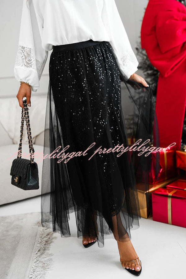 Party Daydream Sequin Tulle High Rise Elastic Waist Maxi Skirt