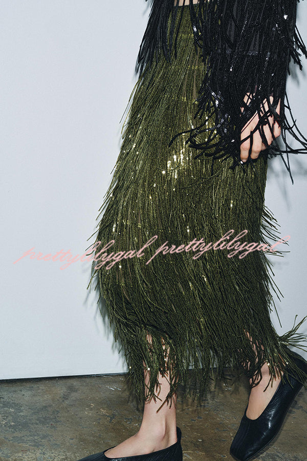 Party Crasher Layered Sequined Tassels High Rise Back Zipper Midi Skirt