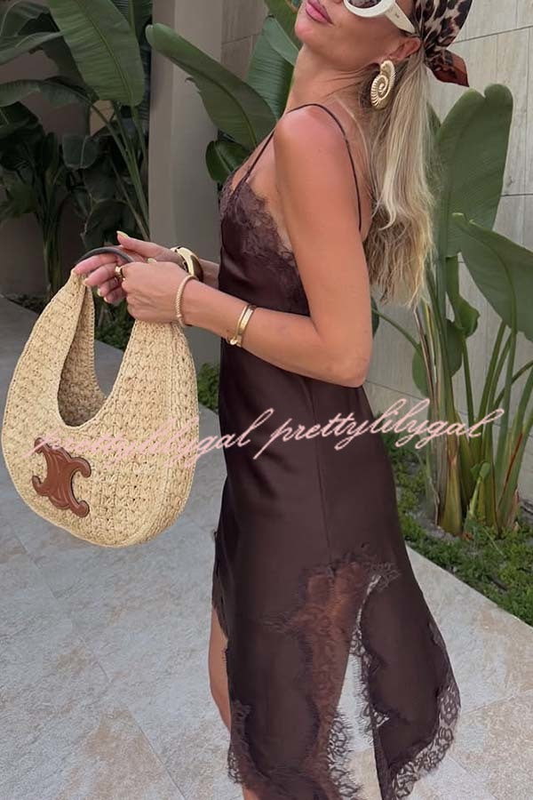 Elouise Satin Lace Trim V-neck Asymmetrical Hem Slip Mini Dress