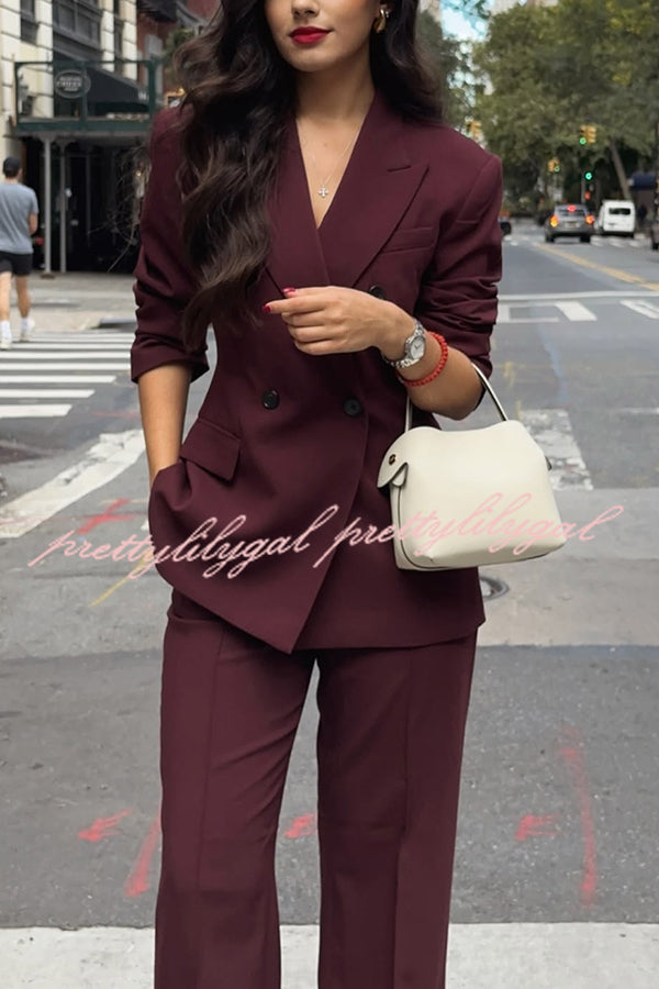 The Perfect Style Button Up Lapel Blazer and Pocketed Wide Leg Pants Set