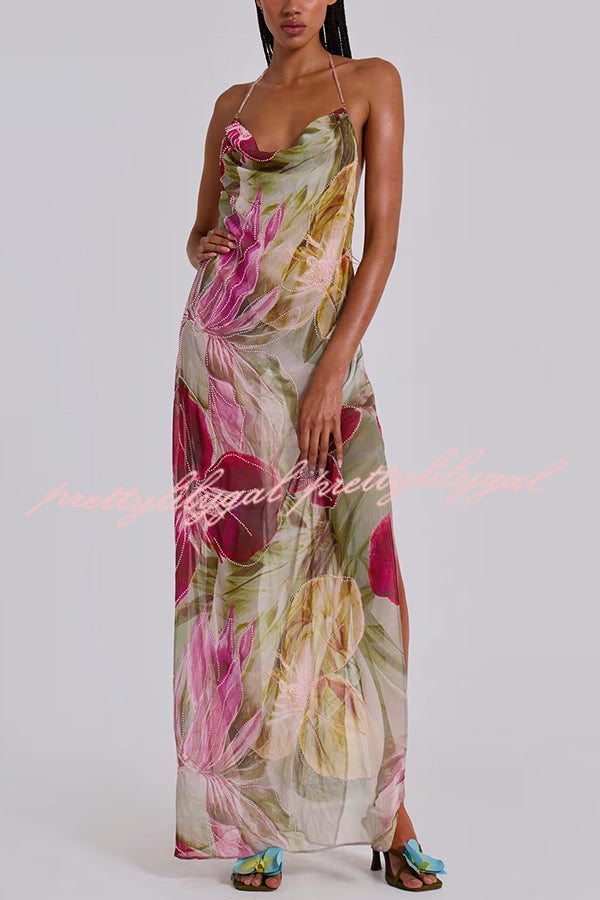 Floral Print Sexy Backless Slit See-Through Holiday Maxi Dress
