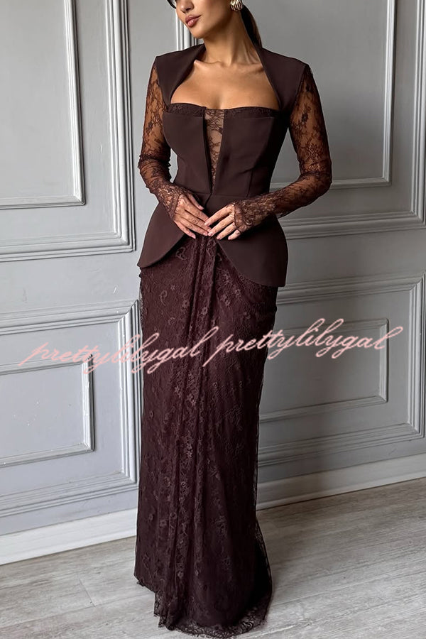 Belle Contrast Sheer Lace Fabric Patchwork Square Neck Long Sleeve Drape Maxi Dress