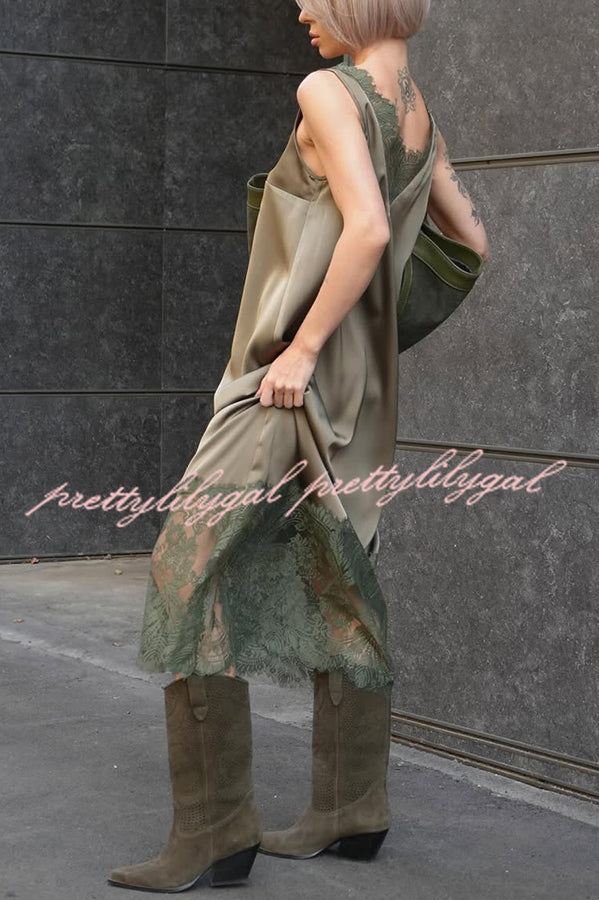 Luxury Winter Satin Lace Trim V-neck Sleeveless H-line Maxi Dress