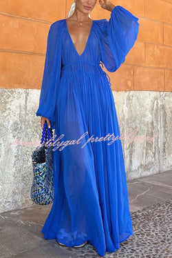 Blue Gemstone Chiffon Ruched Gathered Waist Maxi Dress